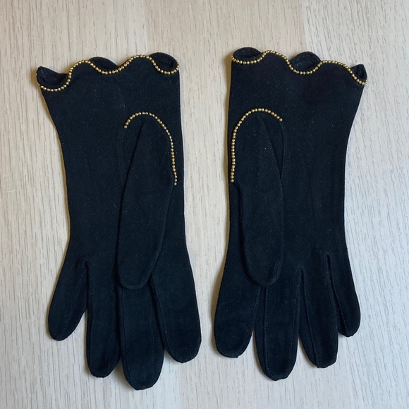 vintage Accessories - Vintage 6 1/4 Elegant Black Gloves with Gold Bead Trim, women’s suede leather